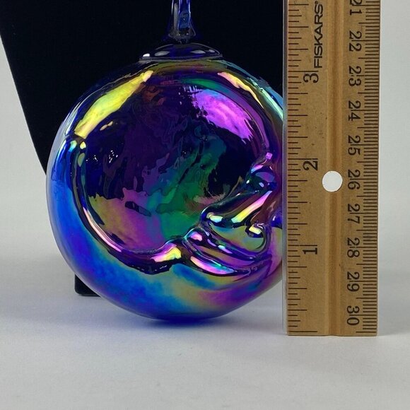 Hand Blown Iridescent Glass Ornament Half Moon Stars Design Blue Purple Vintage - Picture 10 of 10
